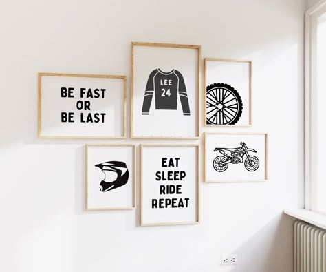 Personalized Name Dirt Bike BMX Modern Gallery Wall Set of 6 Downloadable Prints, Sport Boy Nursery Decor, Quote Play Wall Art, Printable by RainbowshineDesign on Etsy Dirt Bike Bedroom, Motocross Bedroom, Dirt Bike Room, Play Wall, Bike Room, Boy Nursery Decor, Modern Gallery Wall, Downloadable Prints, Big Boy Room