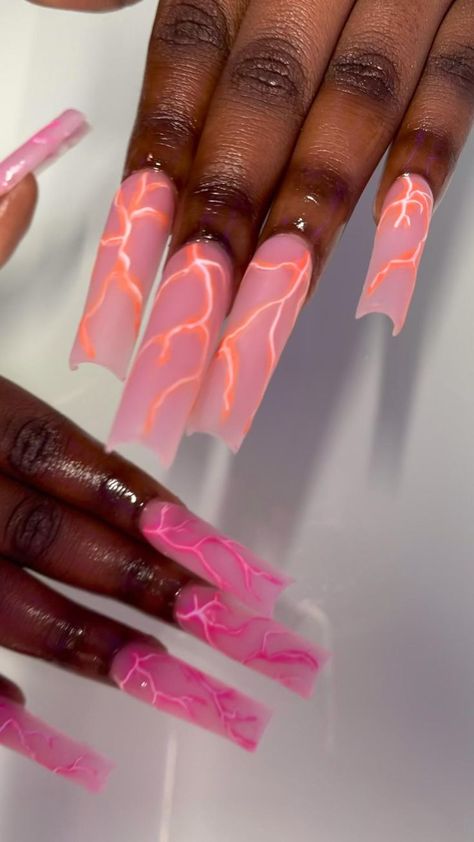 2023 Trendy Nail Designs, Easy Long Acrylic Nails, Spring Nails Long Acrylic, Mail Designs Acrylic Long, Long Nails Design Ideas 2023, Orange Long Nails Acrylic, Neon Baddie Nails, Pink Glow In The Dark Nails Acrylic, Long Ballerina Nails Designs