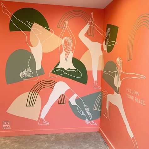 Yoga Studio Wall Mural, Gym Mural Ideas, Yoga Studio Mural, Gym Mural, Yoga Painting, Indoor Mural, Follow Your Bliss, Doodle Wall, K Design