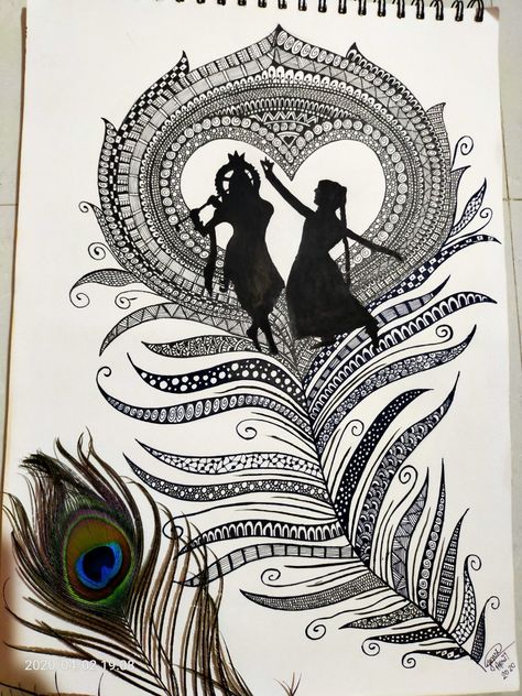 Radha Krishna Zentangle Art, Radha Krishna Mandala Art Easy, Radha Krishna Doodle Art, Krishna Drawing Mandala, Radha Krishna Mandala Art, Easy Mandala Art, Krishna Image, Doodle Mandala, Drawing Mandala