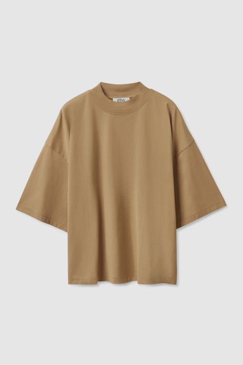 OVERSIZED MOCK NECK T-SHIRT - DARK BEIGE - COS Mock Neck And T Shirt, Beige T Shirts, Ankle Length Jeans, Light Knit, Latest T Shirt, Dark Beige, T Shirt Vest, Elbow Length Sleeve, Summer Dresses For Women