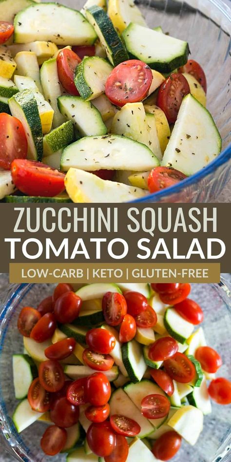 Zucchini Summer Salads, Zucchini In Salad, Raw Squash Salad, Summer Salads With Zucchini, Potluck Zucchini Recipes, Cucumber And Squash Recipes, Cold Squash Salad, Raw Squash Recipes, Tomato Zucchini Salad