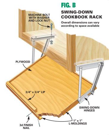 Swing down cookbook rack - I'm drooling Book Storage Ideas, Replacing Cabinets, Cookbook Shelf, Kitchen Diys, Upper Cabinet, Piscina Interior, Cookbook Holder, Knife Rack, Cabinet Shelf