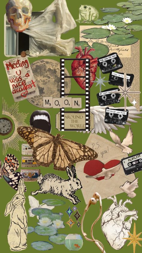 Butterflies, skeletons, vhs tapes, film, stars, moon, rabbits, hearts, lily pads, toad, earphones, and love notes Meet Me At Our Spot, Collage, Art