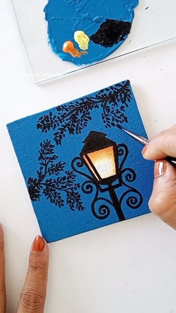 Cool Paintings Easy Canvases, Super Easy Acrylic Painting Ideas, Mini Canvas Moon Painting, Mini Canvas Art Watercolor, Dark Night Painting, 4×4 Canvas Painting, Blue Colour Painting, Streetlight Drawing, Painting On Dark Background