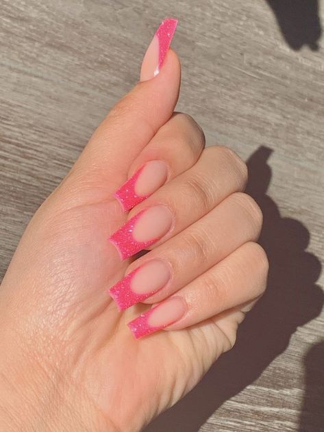 Cute Pink French Tip Nails Acrylic, Pink Glitter French Tip Nails Coffin, Sparkly Hot Pink French Tip Nails, Hot Pink Sparkle French Tip, Black And Glitter French Nails, Pink Sparkly Tip Nails, Pretty Hot Pink Nails, Pink And French Nails, Sparkly Pink French Tip Acrylic Nails