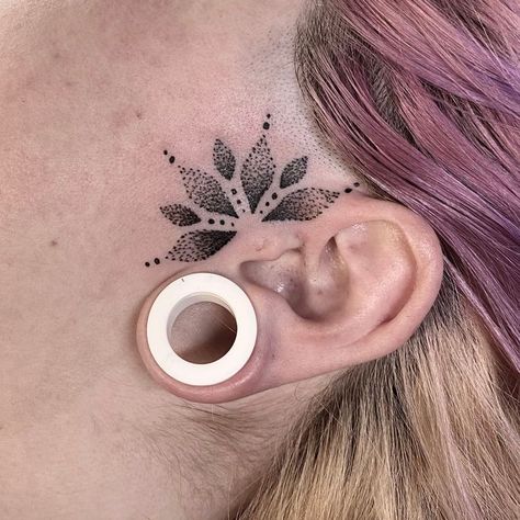 Woman Sideburn Tattoo, Honeycomb Tattoo Behind Ear, Small Female Face Tattoo, Ying Yang Tattoo Behind Ear, Side Ear Tattoo Women, Around Ear Tattoo, Side Of Face Tattoo Women, Ashnikko Tattoo, Simple Face Tattoos For Women