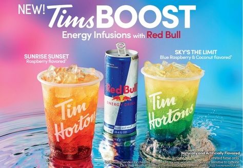 NEW TimsBOOST Energy Infusions with Red Bull 🔴🐂 Starting today, come try Sunrise Sunset and/or Sky's The Limit flavors @ your nearest Tim Hortons-Bolla Market for a limited time only 🚀🚀🚀🚀 #bollamarket #timhortons #burgerking #brooklyn #bagels #cafe #cars #longisland #donuts #coffee #pizzahut #icee #spring #dessert #instafood #yum #mornings #riseandshine #summer #summervibes Redbull Refresher, Red Bull Infusion Drinks, Drink Refreshers, Redbull Drinks, Refresher Drinks, Lemonade Business, Torani Syrup Recipes, Energy Drink Recipe, Red Bull Drinks