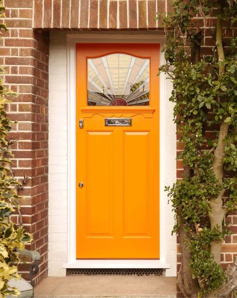 Art Deco Stained Glass Ideas and Inspiration | Hunker Art Deco Front Door, Orange Front Door, Bright Front Doors, Front Door Colours, Orange Front Doors, Art Deco Doors, Yellow Front Doors, Art Deco Stained Glass, Orange Door