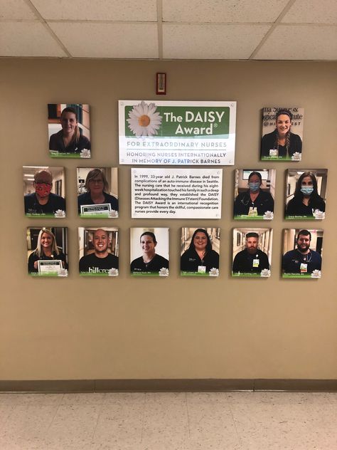 Love the large photos on Hillcrest Medical Center's DAISY wall display! Daisy Award Bulletin Board Ideas, Employee Recognition Board Display, Daisy Award Nurse Ideas, Daisy Award Nurse Display, Employee Picture Wall, Employee Photo Wall, Engagement Committee, Employee Recognition Board, Employee Wall