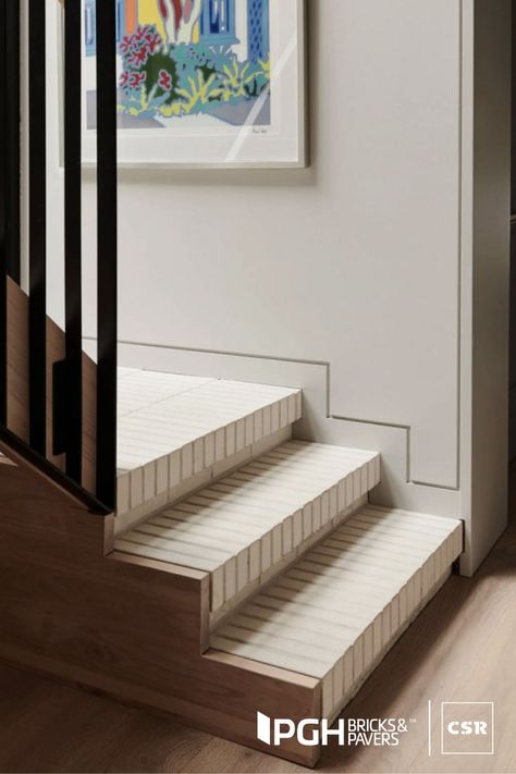 The strength, beauty and durability of brick is a timeless option for flooring throughout the home. Pgh Bricks, Tiled Staircase, Interior Stair Railing, Tile Steps, Brick Steps, Brick Interior, Entry Stairs, Tile Stairs, Staircase Railings