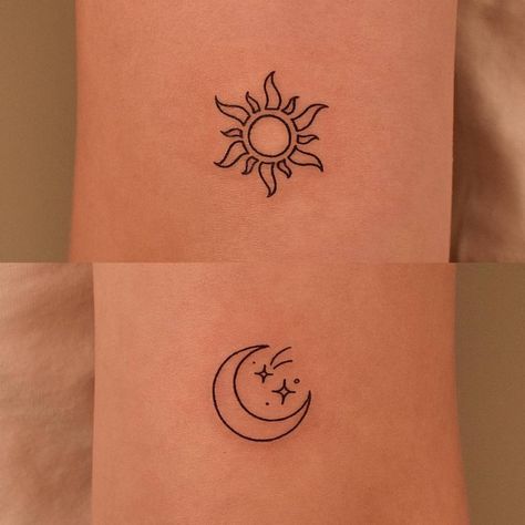 Sun And Moon Tattoos, Tattoo Sonne, Luna Tattoo, Maching Tattoos, Cute Matching Tattoos, Matching Friend Tattoos, Moon Tattoos, Sun Tattoos, Friendship Tattoos