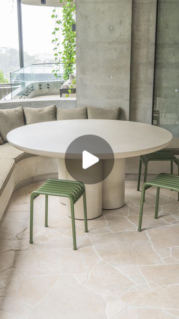 two concrete dining tables with hay chairs on a travertine floor Shaun Lockyer, Concrete Outdoor Dining Table, Concrete Tables, Outdoor Dining Tables, Concrete Dining Table, Outdoor Entertainment, Concrete Table, Concrete Design, Leg Design