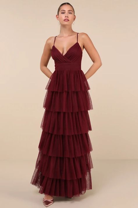 Formal Dresses | Sexy Women's Formal Gowns at Lulus Mismatched Burgundy Bridesmaid Dresses, Burgandy Bridesmaids Dress, Burgundy Hoco Dresses, Tiered Tulle Dress, Burgundy Wedding Dress, Winter Bridesmaid, Romantic Bridesmaid Dresses, Winter Bridesmaids, Gorgeous Bridesmaid Dresses