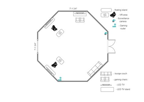 This is a proposed floorplan for the VR gaming room at OBBR. Start making floor plans using in-built templates and symbols provided by EdrawMax. Vr Room Design, Vr Room Interior Design, Vr Gaming Room, Vr Game Room, Game Room Layout, Ames Room, Cube Project, Vr Room, Museum Flooring