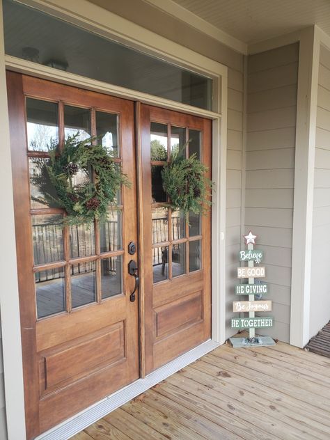 Natural Wood Double Front Door, Antique Double Front Door, Solid Wood Front Door French, Double Wood Front Doors Farmhouse, Front Door Country House, Entryway Double Doors, Double French Doors Exterior Entrance, Stained Double Front Doors, Large Double Front Doors