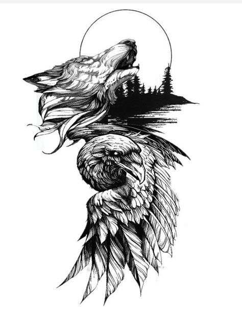 Nordic Tattoo Raven, Wolf Crow Tattoo, Wolf And Hawk Tattoo, Raven And Wolf Tattoo Ideas, Black Wolf Tattoo Design, Wolf Drawing Tattoo Ideas, Wolf And Crow Tattoo, Animal Tattoos Men, Raven Wolf Tattoo