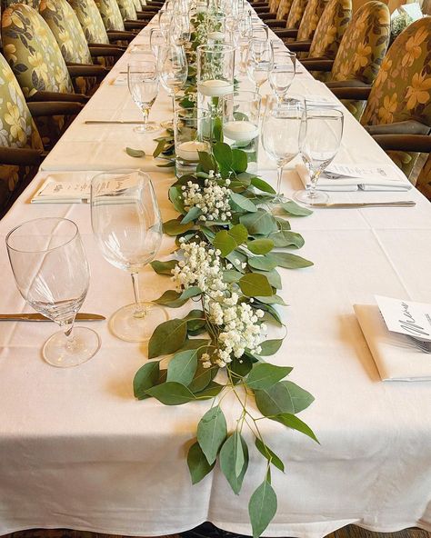 Eucalyptus Garland Table, Eucalyptus Garland Wedding Table, Eucalyptus And Baby Breath, Leaves Table Decor, Wedding Table Decorations Banquet, Eucalyptus Baby Breath Centerpiece, Babys Breath And Eucalyptus Wedding, Wedding Table Garland Runner, Greenery Garland Wedding Table