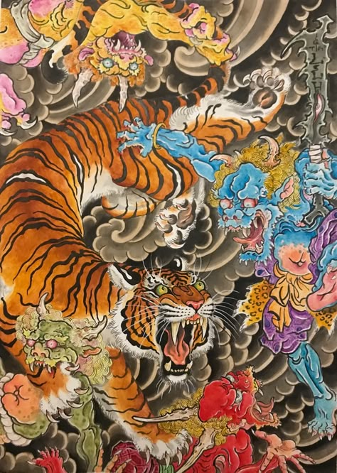 Original Tim lehi 2019 “Oni Tiger Dust Up” Painting | Tim Lehi Tim Lehi, Japanese Tiger Tattoo, Japanese Tiger, Design Mandala, Japanese Art Prints, Traditional Japanese Art, Japon Illustration, Japanese Tattoo Art, Desenho Tattoo