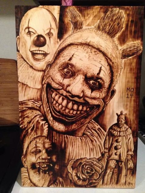 Twisty the Clown Woodburn The Clown Art, Clown Pics, Clown Art, Plaster Crafts, Kustom Kulture, Wood Burning Art, The Clown, Tree Silhouette, Joker And Harley Quinn