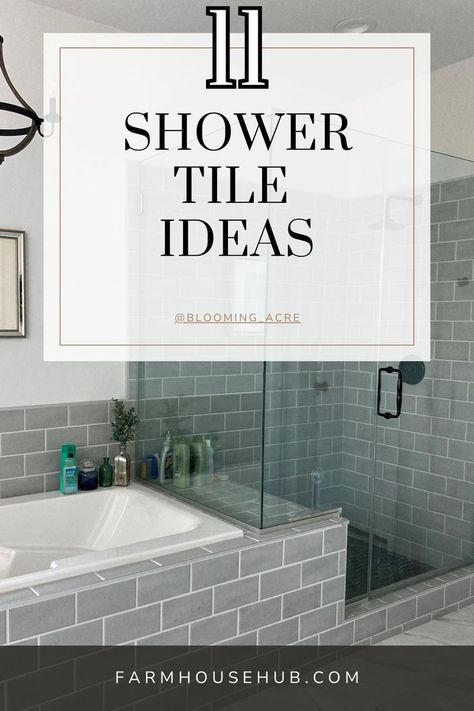 Shower Tile Ideas Shower Tile On A Budget, Shower Tile Insets, Larger Tile Shower Ideas, Bathroom Tiles On A Budget, Waterfall In Shower Tile, Tile On Tile Bathroom, Bathroom Flooring And Shower Tile, Bathrooms Tile Ideas, Tiled Showers With Accent Tiles