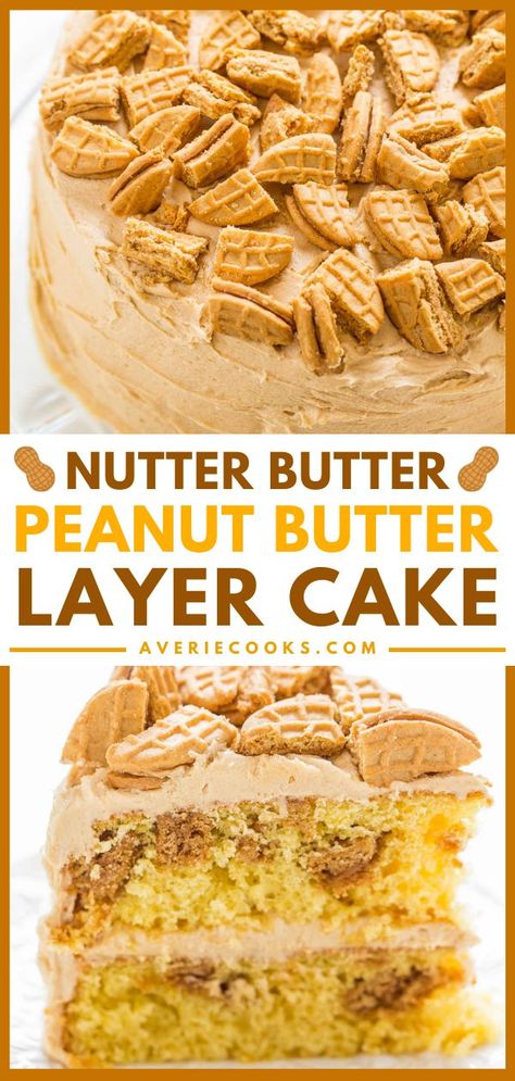 Nutter Butter Peanut Butter Layer Cake, dessert ideas, easy cake recipes Homemade Peanut Butter Frosting, Peanut Butter Layer Cake, Peanut Butter Pound Cake, Brownies Truffles, Ic Diet, Butter Pound Cake, Averie Cooks, Yummy Deserts, Nutter Butter Cookies