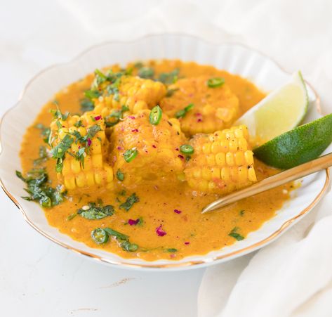 Makai Paka | East African Coconut Corn | Love Laugh Mirch Corn In Coconut Milk, Makai Paka, Coconut Corn, Plate Inspiration, African Dishes, Chefs Plate, Red Chili Powder, Corn On The Cob, Fresh Corn