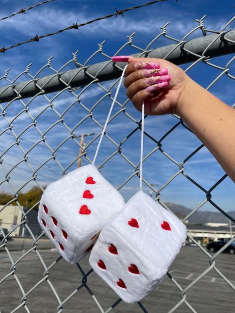 Our super popular, custom white fuzzy dice now come with embroidered red hearts are ready to go for a ride! - 3" x 3" Heart Dice, Car Dice, 2023 Cars, Fuzzy Dice, Mirror Decor Ideas, Girly Car Accessories, Car Deco, Cool Car Accessories, Hanging Ideas