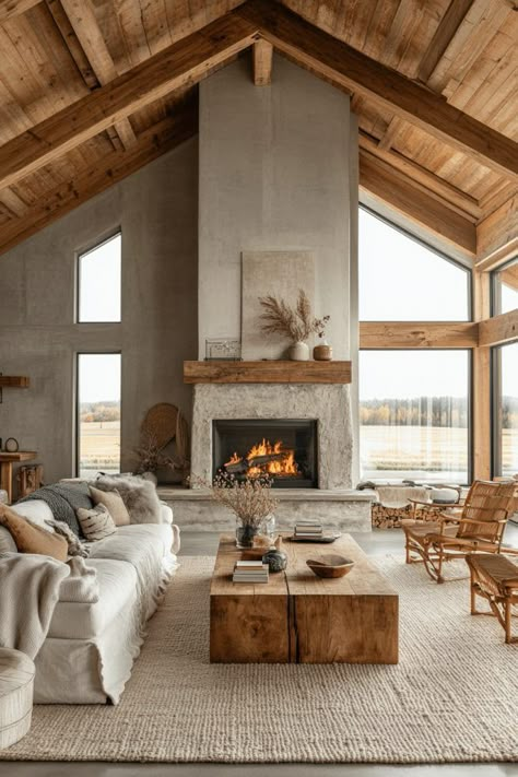 29 Industrial Farmhouse Living Room Ideas for a Unique Touch 5 High Wooden Ceiling Living Room, Rustic Farmhouse Style Living Room, Modern Farmhouse Inspiration Living Room, Farmhouse Living Room High Ceilings, Modern Chalet Living Room, Living Room Designs Large Windows, Barn Conversion Living Room, Rustic Modern House Decor, Light Rustic Living Room