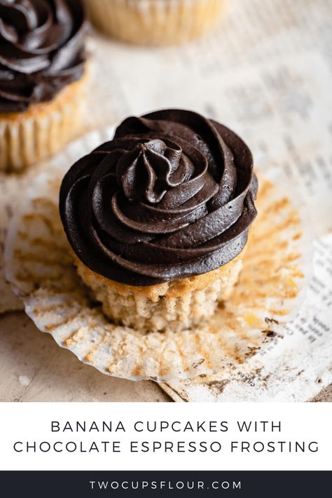 Moist Banana Cupcakes topped with an Espresso Chocolate Buttercream frosting take just like an mini banana split. Easy cupcakes with chocolate frosting. | #bananacupcakes #espressocupcakes #chocolatecupcakes #chocolatebuttercream #twocupsflour Espresso Buttercream Frosting, Moist Cupcake Recipes, Chocolate Banana Cupcakes, Frosting For Chocolate Cupcakes, Blueberry Crumble Muffins, Espresso Buttercream, Easy Buttercream Frosting, Fluffy Cupcakes, Banana Brownies