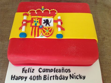 Spanish flag themed birthday cake for a Spanish themed part Spanish Cake Design, Spanish Theme Cake, Spain Cake, Spain Cake Theme, Spain Theme Party Decoration, Barcelona Theme Cake, Spanish Cakes, Spanish Party Decorations, Spain Theme Party