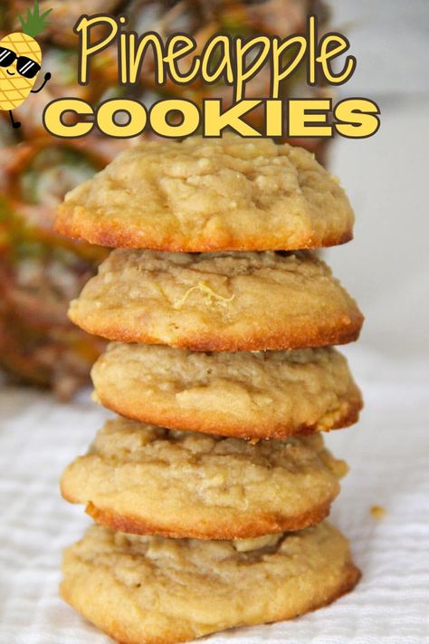 Easy to Make Soft Pineapple Cookie Recipe - Finding Time To Fly Soft Pineapple Cookies, Pineapple Cookie Recipes, Pineapple Upside Sugar Cookies, Pineapple Cookies Easy, Pineapple Cake Mix Cookies, Fruit Cocktail Cookies, Canned Crushed Pineapple Recipes, Pineapple Baked Goods, Pineapple Upside Down Sugar Cookies