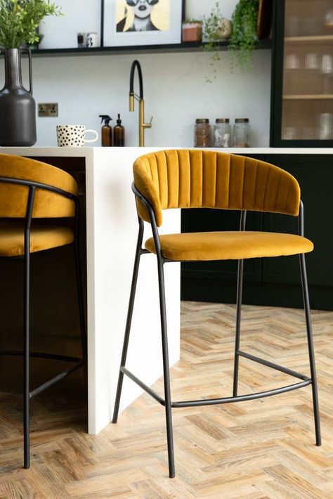 Lifestyle image of the Curved Back Velvet Bar Stool In Golden Ochre Chelsea Barracks, Brass Kitchen Island, Cafe Industrial, Retro Bar Stools, Velvet Stool, Kursi Bar, Breakfast Bar Stools, Shop Stool, Rockett St George