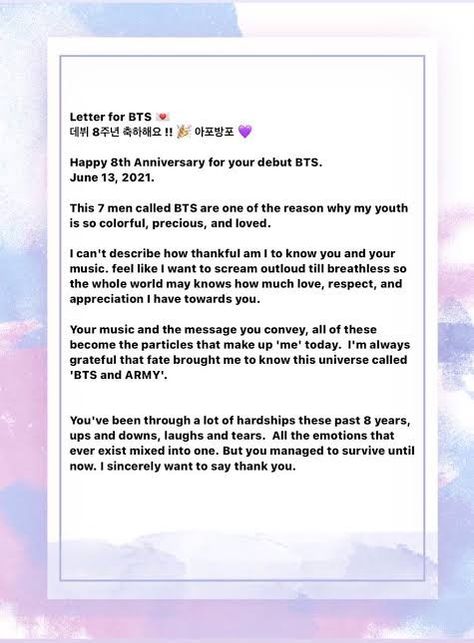 Fans Quotes, Bts Anniversary, Army Letters, Jin Pic, Anniversary Letter, Easy Korean Words, Anniversary Message, Bts Songs, Book Cover Artwork