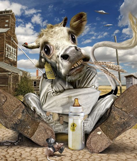 Mad Cow by MAD-DSGN Surreal Animals, Chopped Beef, Pbr Bull Riding, Mad Cow, Old Western Towns, Photo Montage, Amazing Artwork, Bull Riding, Elephant Art