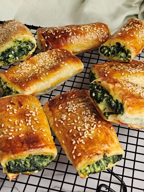 Spinach & Ricotta Rolls Spanakopita Rolls, Ricotta Puff Pastry, Anchor Butter, Ricotta Rolls, Puff Pastry Rolls, Pastry Rolls, Party Nibbles, Spinach Rolls, Spinach And Ricotta