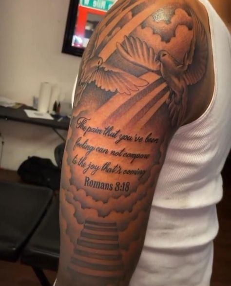 Bible Verse Tattoos For Men Shoulder, Forearm Half Sleeve Tattoos, Top Of Forearm Tattoo, Rip Tattoos For Men, Upper Shoulder Tattoo Men, Upper Shoulder Tattoo Men Ideas, Upper Arm Tattoos For Guys, Upper Shoulder Tattoo, Arm Tattoos Black