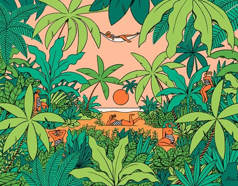 Illustration Design Graphique, French Illustration, Tropical Illustration, Jungle Illustration, Beach Illustration, Art Et Illustration, Plant Illustration, Editorial Illustration, Art And Illustration