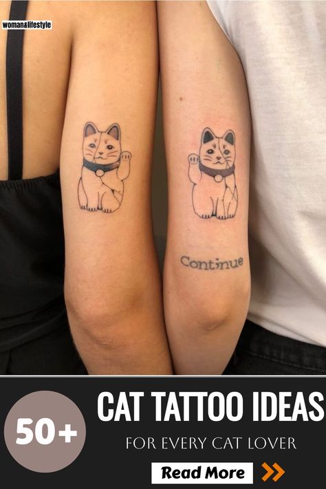 Colorful lucky cat tattoo idea for a playful and charming look. Japan Cat Tattoo, Chinese Cat Tattoo, Japan Inspired Tattoo, Tattoo For Sisters, Japanese Cat Tattoo, Maneki Neko Tattoo, Cat Paw Print Tattoo, Nesting Doll Tattoo, Cat Eye Tattoos