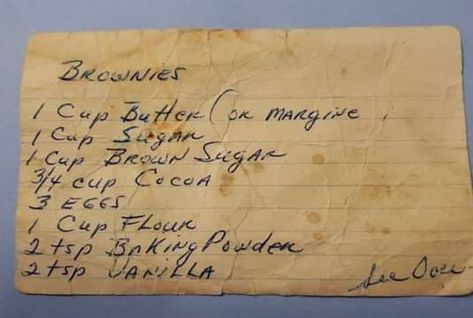 Very Old Recipes, Old Fashion Brownies Recipe, Old Handwritten Recipes, 100 Year Old Recipes, Old Recipes Vintage Grandmothers Hand Written, Old Recipes Vintage Grandmothers, Recipes From The 70's, 1980s Recipes, Vintage Recipes 1800s