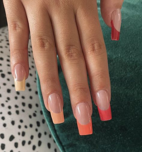 Shades Of Red French Tip Nails, Multi Colored French Tip Nails Coffin, Gradient French Tip Nails, Multi Color French Tip Nails, Multi Colored French Tip Nails, Coloured French Tip Nails, Gradient French Tip, Brushstroke Cake, Colored French Tips