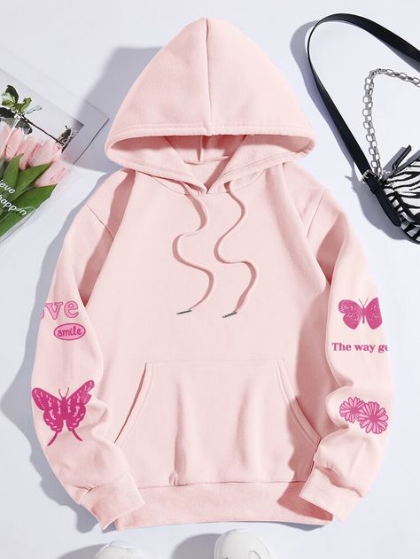 Butterfly And Letter Graphic Kangaroo Pocket Thermal Lined Drawstring Hoodie | SHEIN USA Cute Outfits With Shorts, Stylish Hoodies, Blue Black Color, Black And White Baby, Drop Shoulder Tee, Lined Hoodie, Pink Style, Drawstring Hoodie, Hoodies For Sale