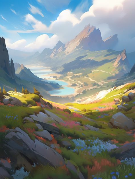 ArtStation - Valley Environmental Art Projects, Valley Landscape, Isometric Art, Fantasy Drawings, Landscape Concept, Game Concept Art, Fantasy Places, Environmental Design, Landscape Illustration