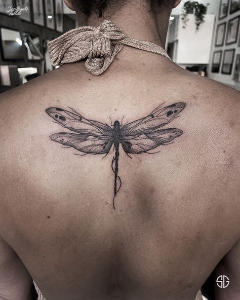 Dragonfly Throat Tattoo, Dragonfly And Sun Tattoo, Dragonfly Tattoo Men, Dragonfly Wings Back Tattoo, Dragonfly Skull Tattoo, American Traditional Dragonfly Tattoo, Traditional Dragonfly Tattoo, Dragonfly Tattoo Blackwork, Dragonfly Sternum Tattoo