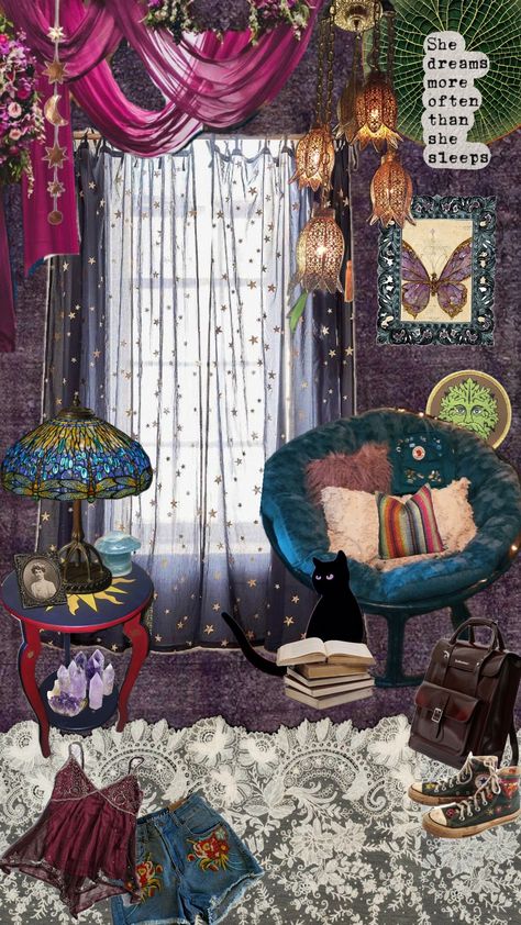 #gothicaesthetic #darkfairycore #bohemian #whimisgoth #whimsigothic Whimsigoth Bedroom Ideas, Diy Whimsigoth, Sims 4 Whimsigoth Cc, Whimsigothic Room, Whimsigothic Decor, Goth House Decor, Whimsigoth Bedroom, Urban Cottagecore, Whimsigoth Home