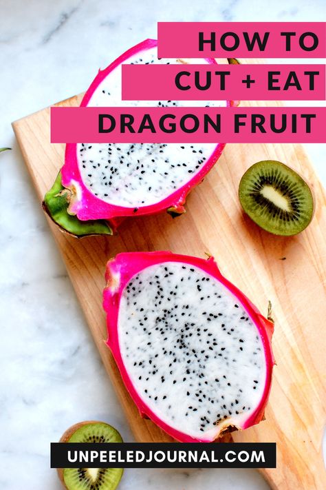 What is dragon fruit? What does dragon fruit taste like? How do you cut dragon fruit? Eat it? Is dragon fruit healthy? How do you know if it's ripe? Here are ALL the answers, and everything you want to know about this gorgeous tropical fruit. . . . . . #tropicalfruit #fruitsalad #dragonfruit #healthyrecipes #cookingtips #knifeskills Fruit Salad With Dragon Fruit, How Do You Eat Dragon Fruit, Dragon Fruit Ideas, White Dragon Fruit Recipe, What To Do With Dragon Fruit, How To Cut Dragon Fruit Video, How To Cut A Dragon Fruit, How To Eat Dragon Fruit, Recipes With Dragon Fruit