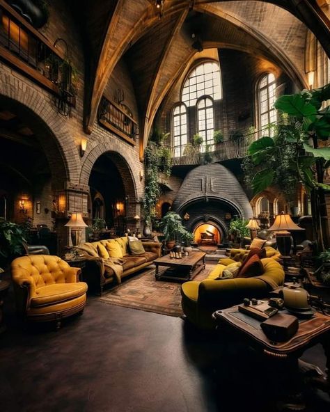 Fantasy Lounge Room, Midevil Home Decor Ideas, African Castle Interior, Fantasy Common Room, Hufflepuff Common Room Aesthetic, Hogwarts Castle Interior, Castle Interior Aesthetic, Wizard Cottage, Common Room Aesthetic