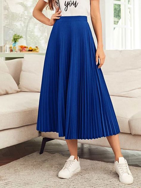 SHEIN High Waist Solid Pleated Skirt | SHEIN USA Cobalt Blue Midi Skirt Outfit, Pleated Skirt Outfit Blue, Blue Pleated Skirt Outfit, Pleated Skirt Outfit Summer, Dresses With Tennis Shoes, Haut Transparent, Royal Blue Skirts, Pleated Fashion, Blue Pleated Skirt