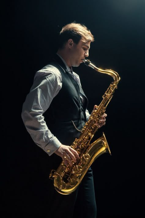 1930 Aesthetic, Man Playing Saxophone, Saxophone Photography, Band Senior Pictures, Recital Poster, Playing Saxophone, Jazz Instruments, Jazz Saxophone, Musician Portraits