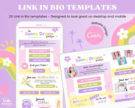 Pastel Link In Bio Canva Templates - Links Website Instagram Landing Page Canva Website Template Small Business Link Rainbow Colorful HB1 Kawaii Website, Linktree Design, Cute Website Design, Pastel Website, Cute Website, Image Font, Canva Website, Email Sign, Website Services